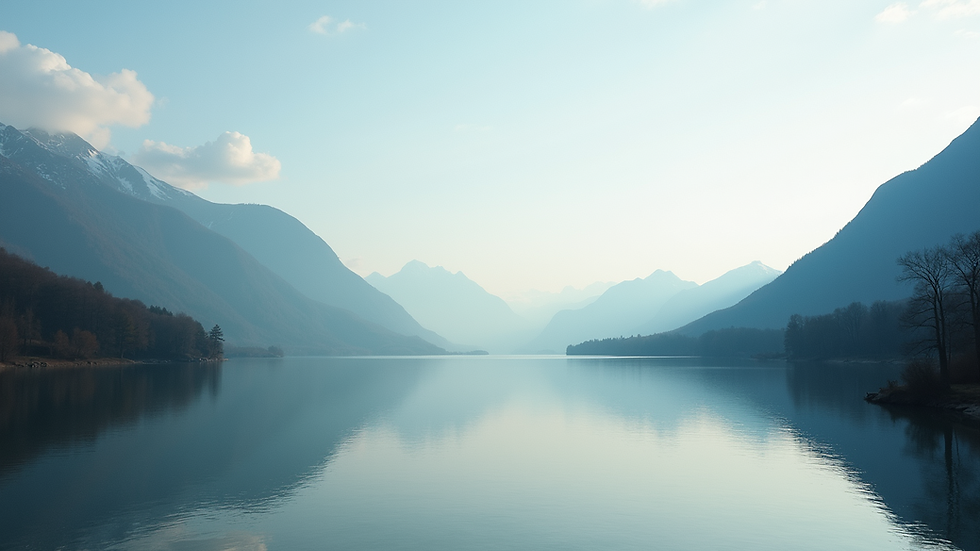 Eye-level view of a balanced landscape with a calm lake and mountains