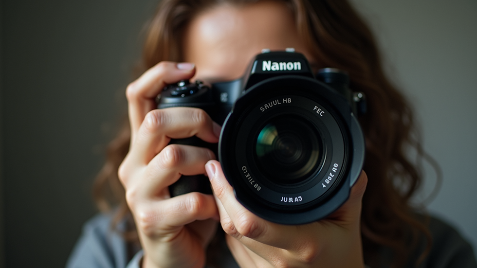 Close-up view of a photographer adjusting camera settings to balance composition