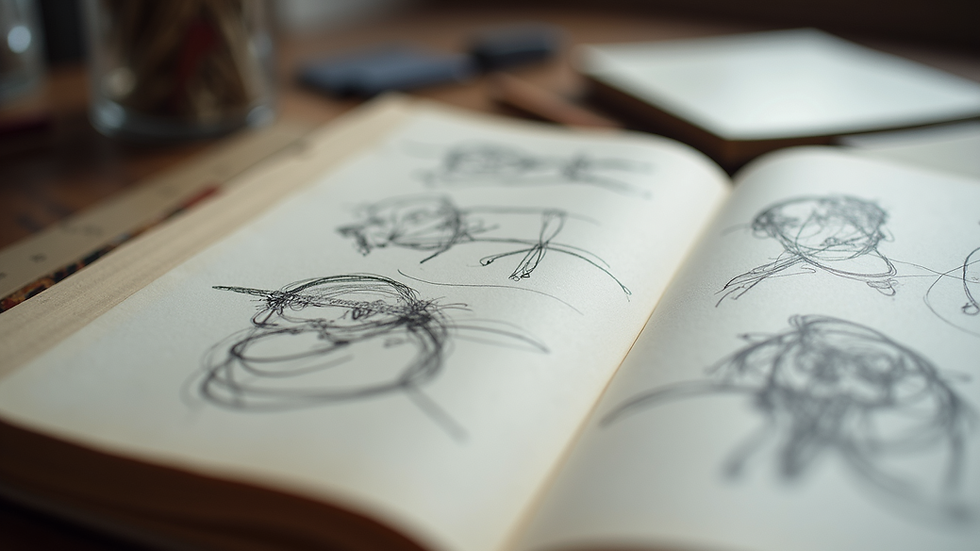Close-up view of a detailed artist’s portfolio with sketches and notes