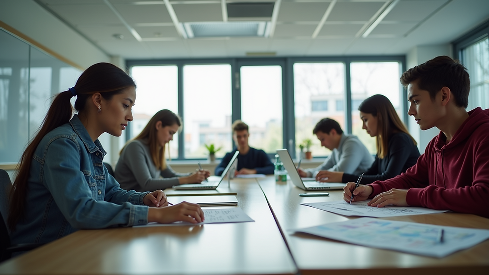 Eye-level view of a modern classroom with students working on graphic design projects