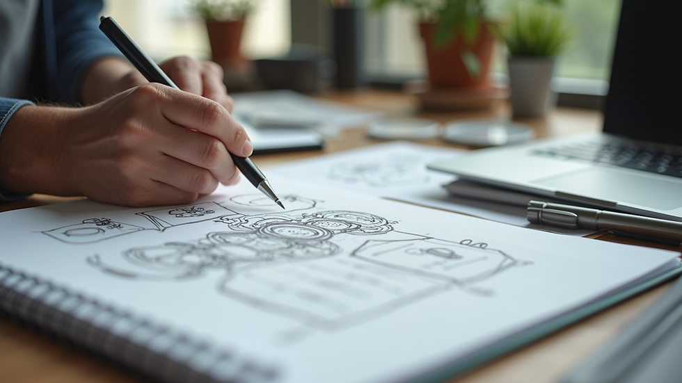 Close-up of a designer’s desk with sketchbook and digital tablet