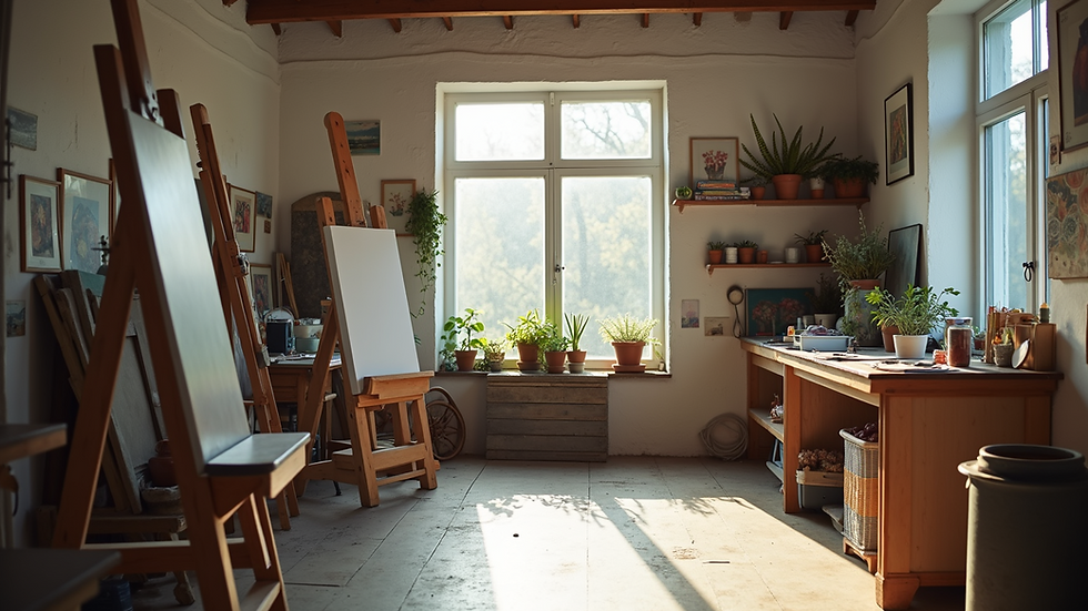 Eye-level view of a creative workshop space with art supplies and easels