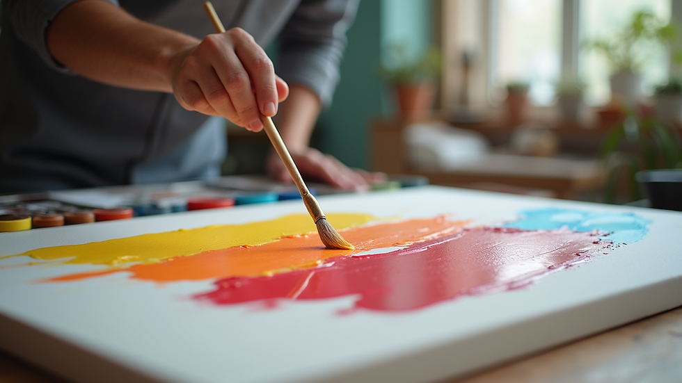 Close-up view of a canvas with vibrant acrylic paint strokes in a workshop setting