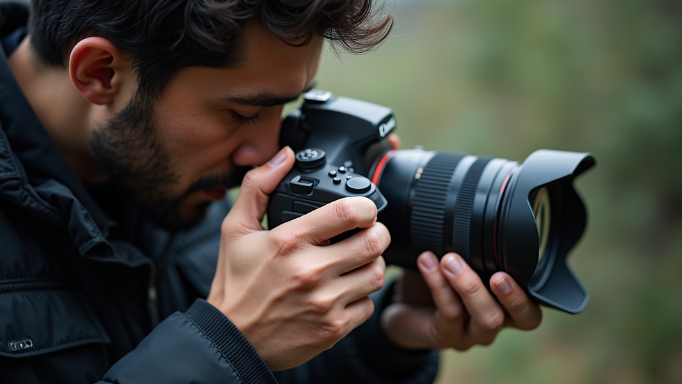 Close-up view of a photographer adjusting camera settings during a shoot