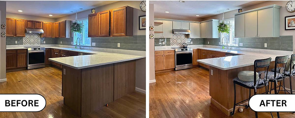 Kitchen remodel before and after images from Hudson, NH, highlighting the transformation through cabinet refacing.