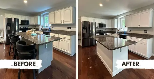 Before and after cabinet refacing with classic white shaker doors and real wood veneer in Tyngsborough MA.