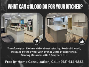 Flyer promoting kitchen remodeling services, featuring cabinet refacing options under $10,000.