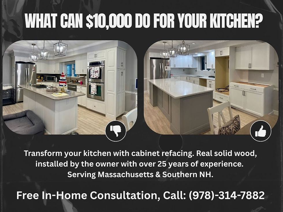 Flyer promoting kitchen remodeling services, featuring cabinet refacing options under $10,000.