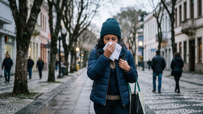 Pessoa gripada usando lenço em ambiente interno, representando sintomas respiratórios comuns no inverno. Médico explica diferenças entre resfriado, gripe e pneumonia.