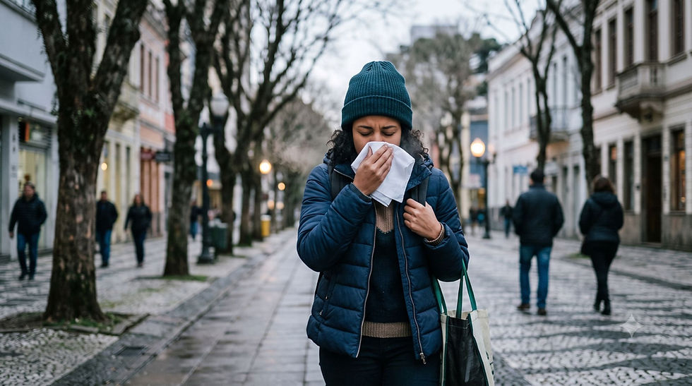 Pessoa gripada usando lenço em ambiente interno, representando sintomas respiratórios comuns no inverno. Médico explica diferenças entre resfriado, gripe e pneumonia.