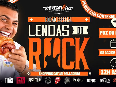 Arte oficial do TorresmoFest Foz do Iguaçu 2026, edição Lendas do Rock, no Shopping Catuaí Palladium