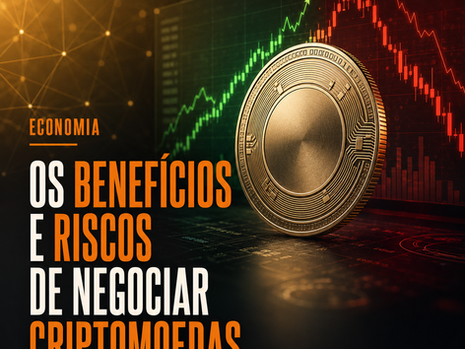 Representação de criptomoedas e gráfico financeiro destacando benefícios e riscos da negociação de ativos digitais.