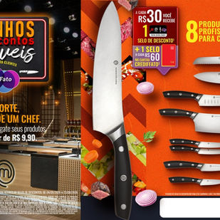 Facas da coleção MasterChef em campanha de selos promocionais do Super Muffato