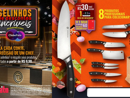 Facas da coleção MasterChef em campanha de selos promocionais do Super Muffato