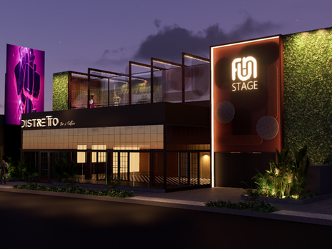 Projeto arquitetônico da Fun Stage em Curitiba, novo complexo de entretenimento com palco, rooftop e áreas de convivência.