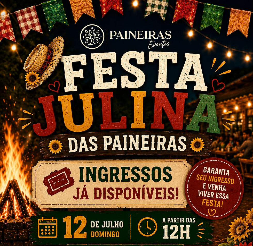 Festa Julina Paineiras 2026 em Curitiba terá buffet típico, música ao vivo com André Gardini, recreação infantil com Turma do Saci Eventos, fogueira, espaço kids, parquinho e cama elástica no Xaxim.
