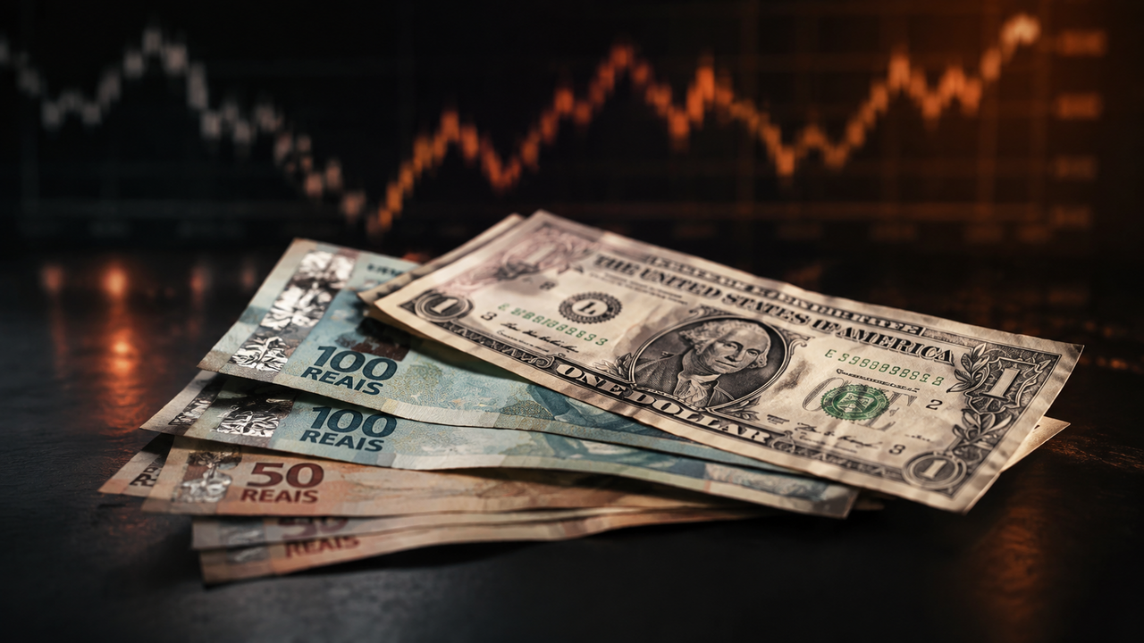 Notas de dólar e real representam as oscilações do mercado de câmbio