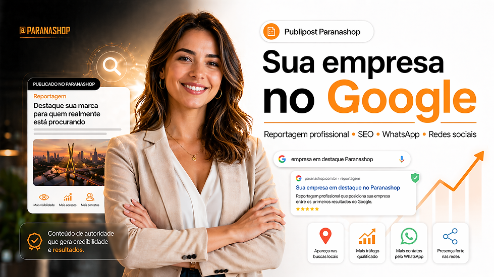 Empresária sorrindo em banner do Publipost Paranashop com foco em SEO, Google, WhatsApp e redes sociais