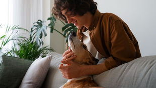 Tutor com cão ou gato em casa ilustra cuidados essenciais para pais de pet de primeira viagem no Dia dos Pais.