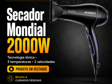 Secador de cabelos Mondial 2000W Black Purple em destaque no Achados Paranashop