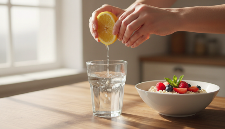 Eye-level view of a person pouring fresh lemon juice into a glass of water at breakfast.