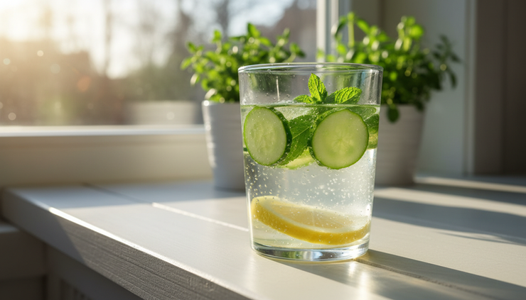 Close-up view of lemon water with cucumber slices and mint leaves in a clear glass.