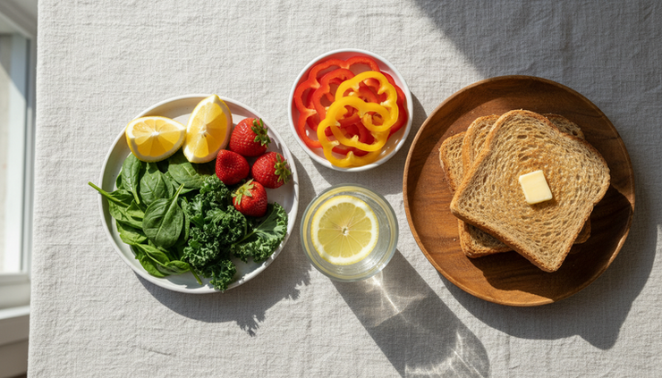 Overhead view of lemons, strawberries, leafy greens, and a glass of lemon water on a breakfast table.