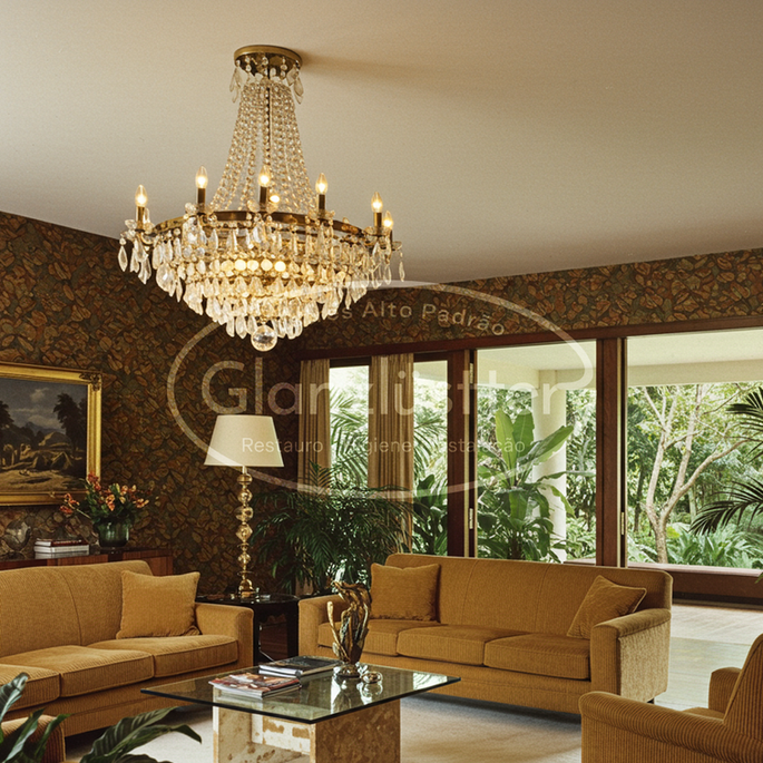 Vista de uma sala de estar grande e um belo lustre pendurado em um pé direito simples. O lustre esta aceso.