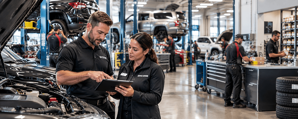 Service advisor and automotive technician working together in a busy car dealership service department.