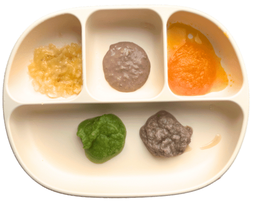 варіант тарілки на пюре прикормі : банан, мясо, абрикос, гречка, броколі