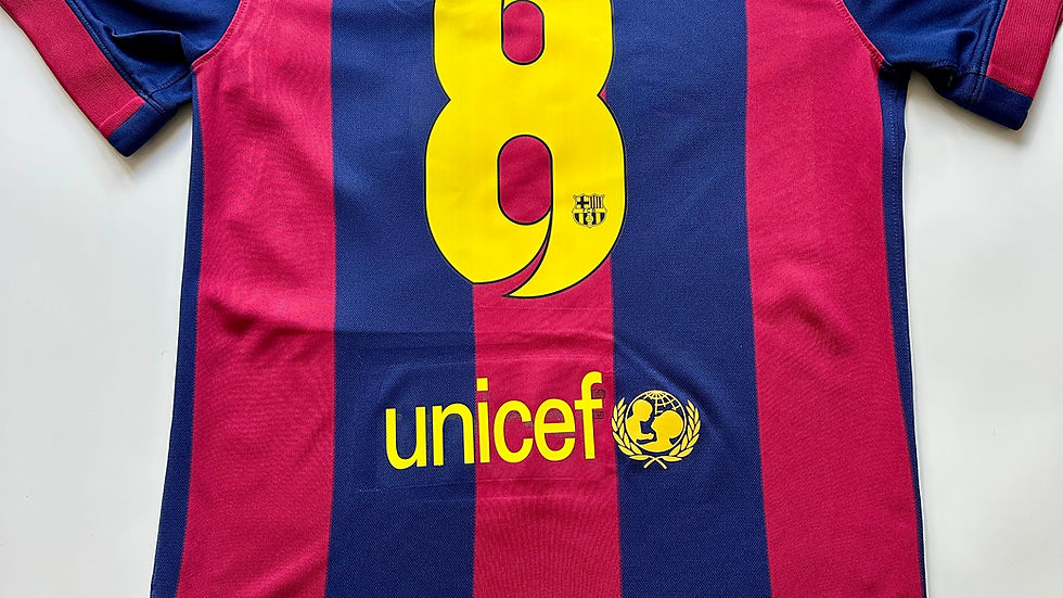 Barcelona 2014 to 2015 home shirt in a Men’s Small with Iniesta 8 on the back, featuring bold navy and red stripes, yellow collar trim and embroidered crest. 100% authentic.