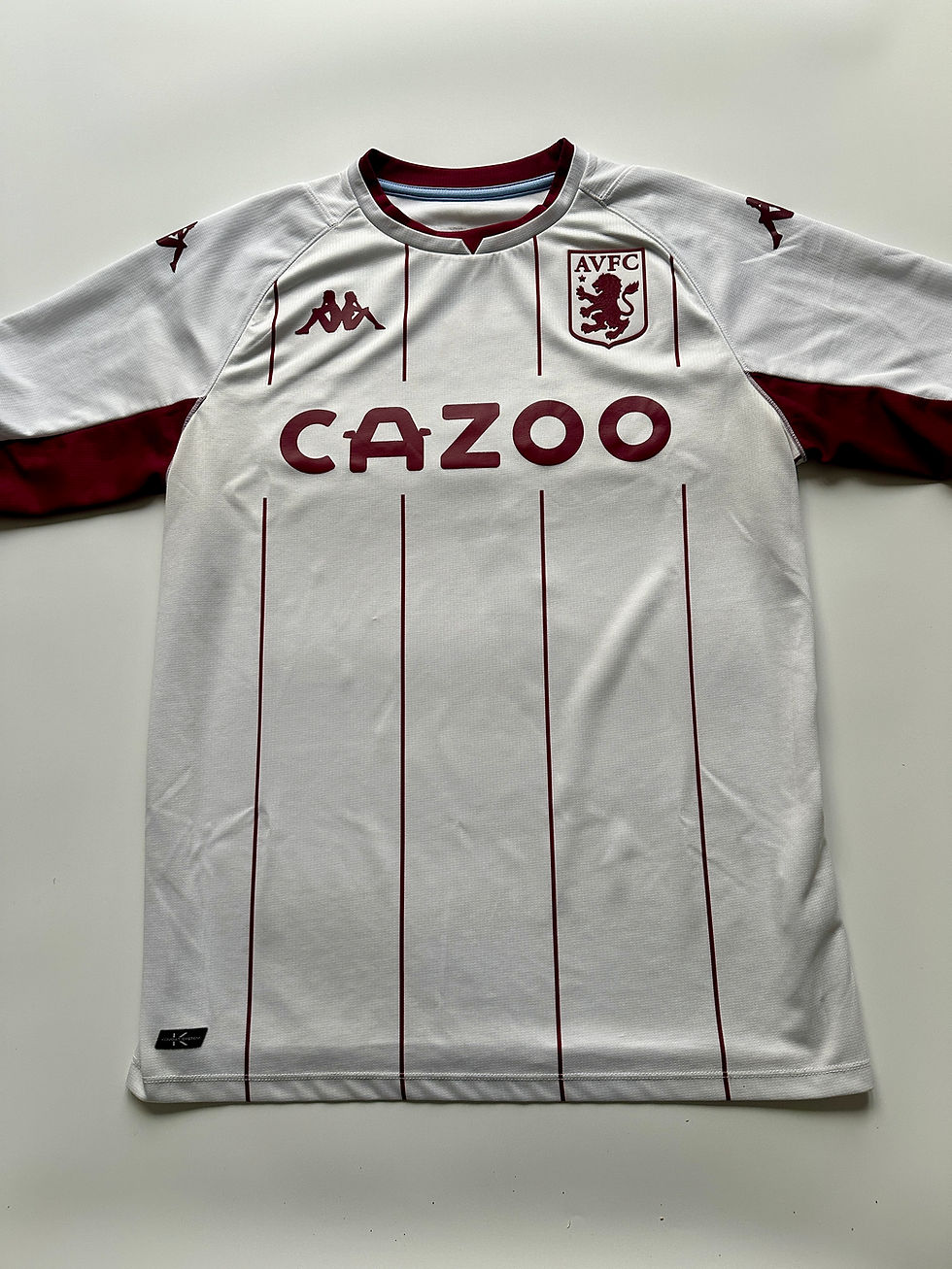 Thumbnail: Aston Villa 2021 to 2022 white away football shirt by Kappa with claret stripes authentic McGinn 7 kit for sale at Kitdrop