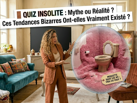 Jeune femme intriguée dans un salon, explorant un quiz sur les tendances bizarres, illustré par des toilettes entièrement recouvertes de moquette rose, des œuvres d'art curieuses, et des éléments décoratifs insolites.