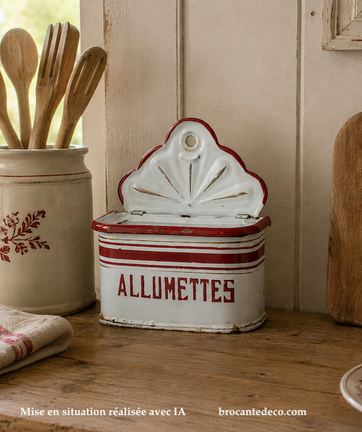 Ancienne boîte à allumettes en tôle émaillée posée sur un plan de travail en bois dans une cuisine à l'esprit champêtre.