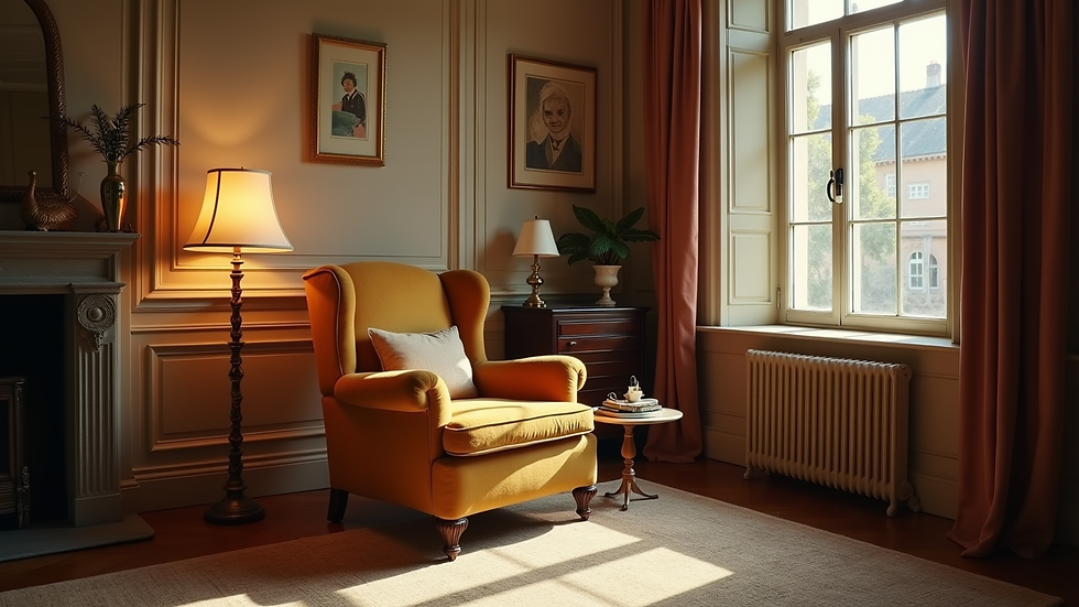 Vue à hauteur d'œil d'un salon vintage avec fauteuil en velours et lampe en laiton