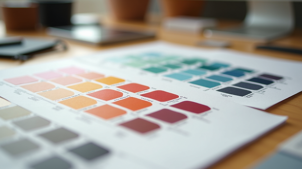 Close-up of a color palette and typography samples on a desk
