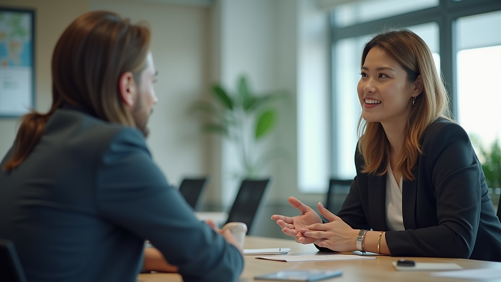 Close-up view of a business consultant coaching a team member in an office setting