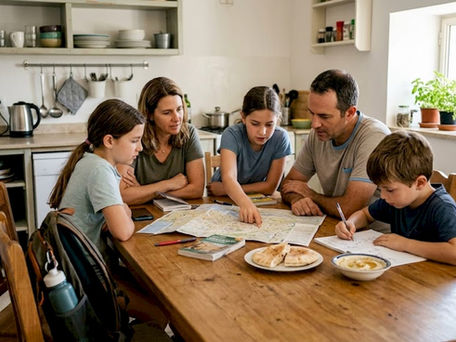 Family planning adventure trip at kitchen table