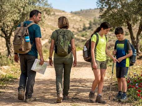 Family hiking together in Israeli landscape