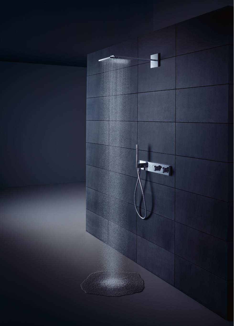 AXOR MyEdition luxury German made tapware in a dark shower.