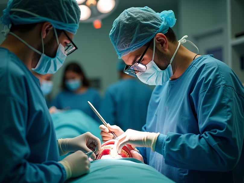 Environmental portrait of a skilled dental surgeon performing a complex implant procedure