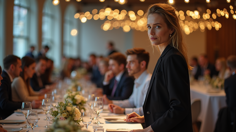 Eye-level view of an event planner overseeing the setup
