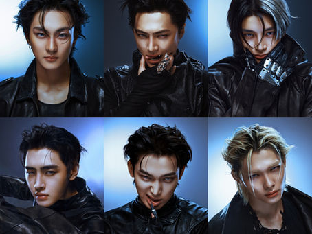 6 members of K-pop group ENHYPEN: Jungwon, Jay, Jake, Sunghoon, Sunoo, Ni-ki wearing leather jackets and silver jewelry, including fangs