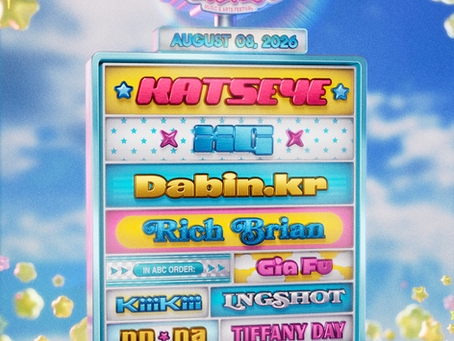 Flyer for Head in the Clouds festival line up with pastel clouds and artist names listed on a pastel billboard sign.