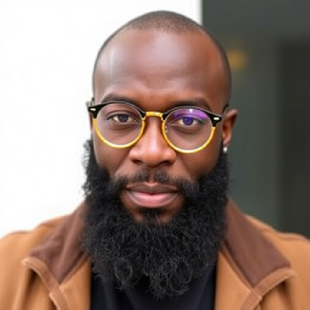 headshot of darkskin black man. casual. aged 45. wears trendy bright coloured round glasse