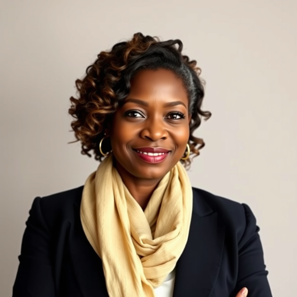 headshot of a middle aged black woman, Business Casual. loose curls. neutral background.jpg