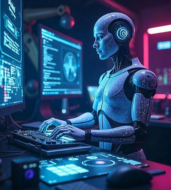 Futuristic AI robot helping humans with productivity tasks