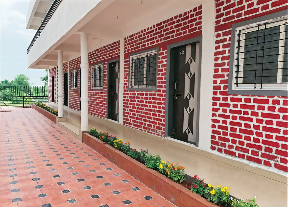 Wide angle view of a cozy homestay with a garden in front
