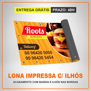 lona impressa com bainha e acabamento em ilhós nas bordas