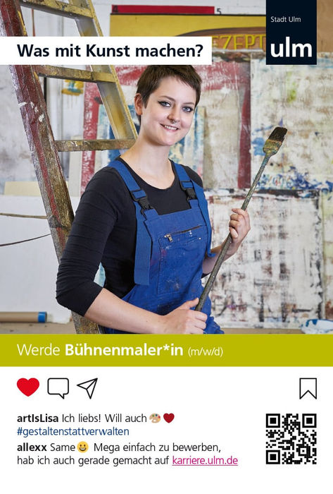 Kampagnenmotiv, welches wie eine Werbeanzeige auf Instagram aussieht, um die Ausbildung Bühnenmaler:in bei der Stadt Ulm zu bewerben
